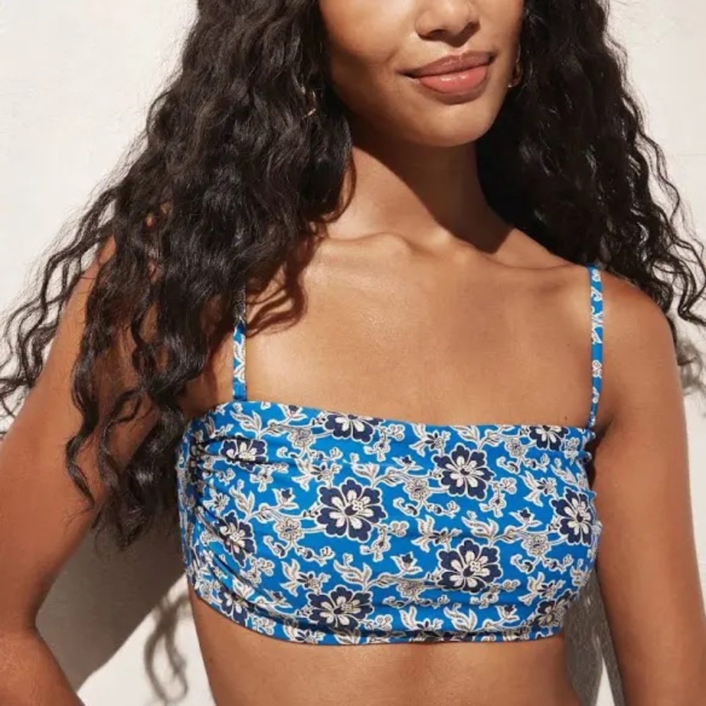 J. Crew Ruched Bandeau Bikini Top in Cobalt Floral